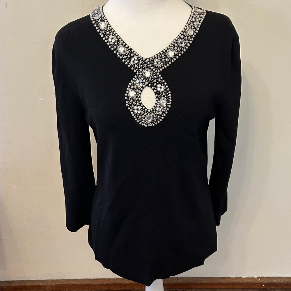 Susan Lewis black cut out beaded faux diamond sweater Size L EUC